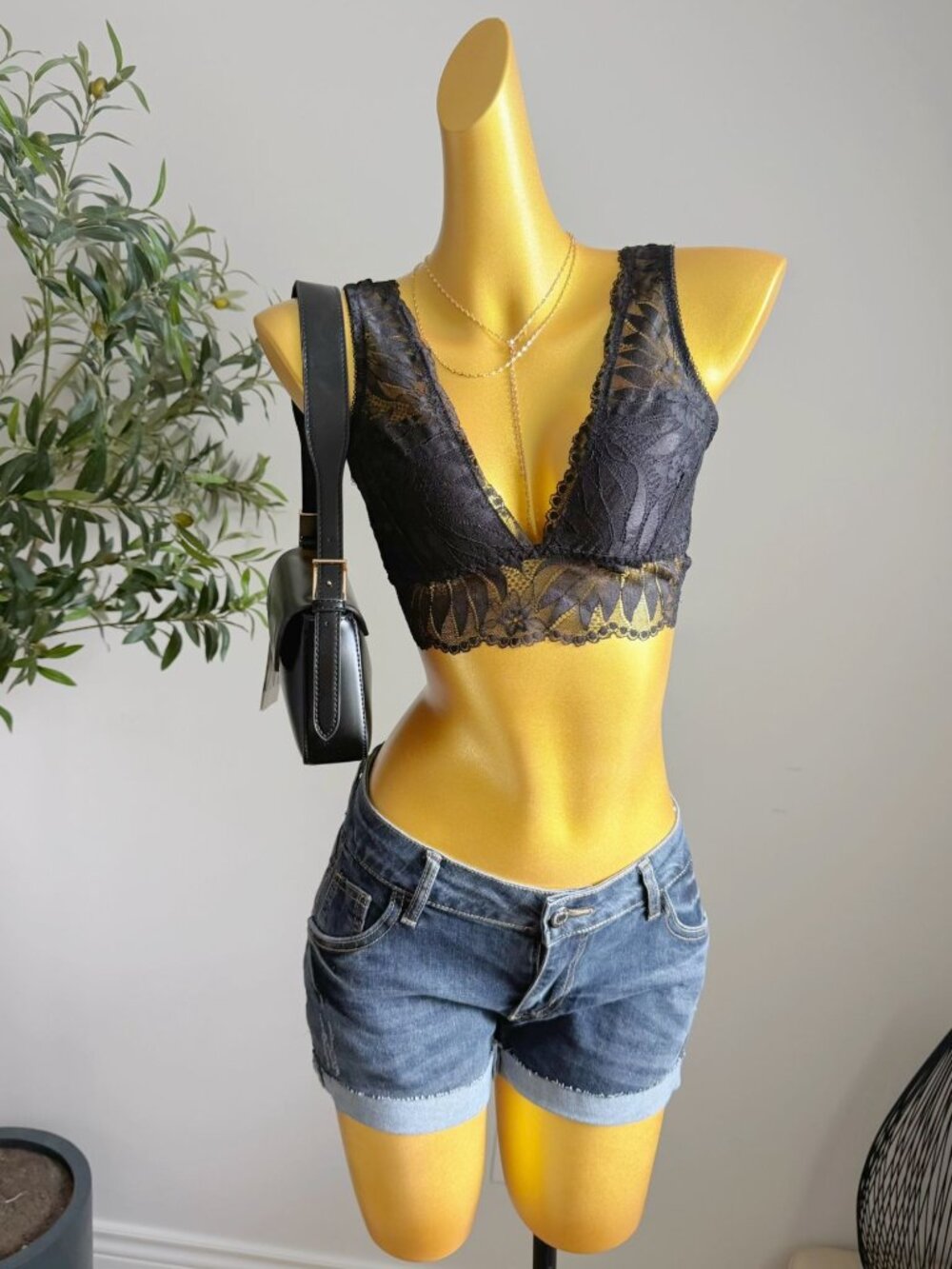 Aerie Black Floral Lace Deep V Bralette Crop Top S